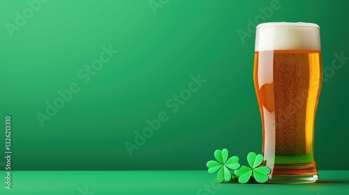 Frothy Beer Glass Shamrock Accents Green Backdrop Celebratory Drink Saint Patricks Beverage Joyful Scene photo