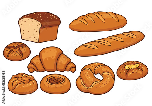 Bread and pastry clipart. This image shows various types of bread and pastries. Vector illustration design.