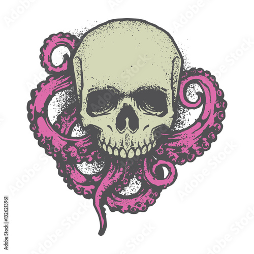 Abstract hand drawn skull head with tentacles