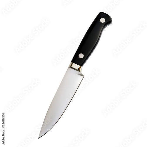 Kitchen knife with black handle against transparent background for culinary preparations and cooking tasks, showcasing sharp blade design for versatile cutting needs in meal preparation