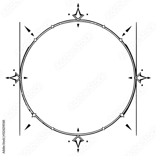 Minimalist Geometric Design: A symmetrical circular compass-like arrangement with starburst accents, clean lines, and a neutral palette on a stark white backdrop, creating a sense of direction and cla