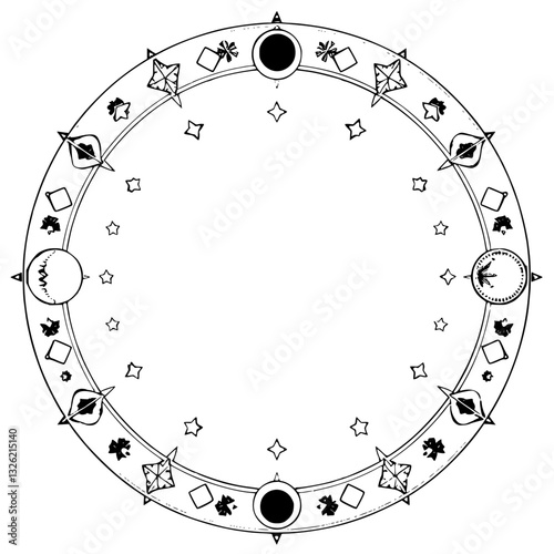 Intricate Circular Grimoire Design: Detailed Black and White Drawing of an Arcane Ritual Circle with Celestial Symbols and Geometric Decorations.