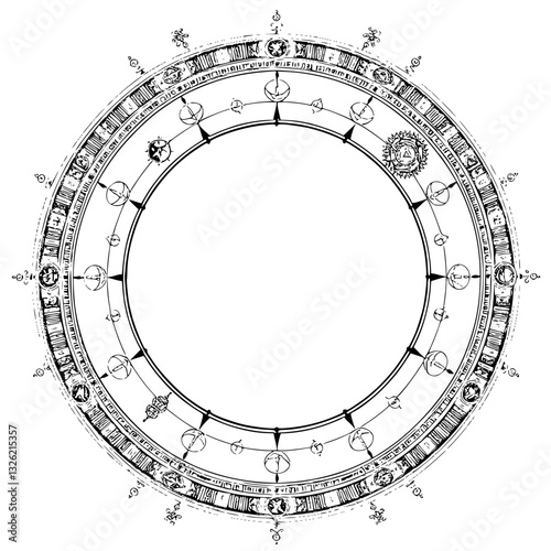 Intricate Black and White Circular Diagram with Symbolic Elements, Celestial Motifs, and a Compass, Suggesting Esoteric Knowledge.