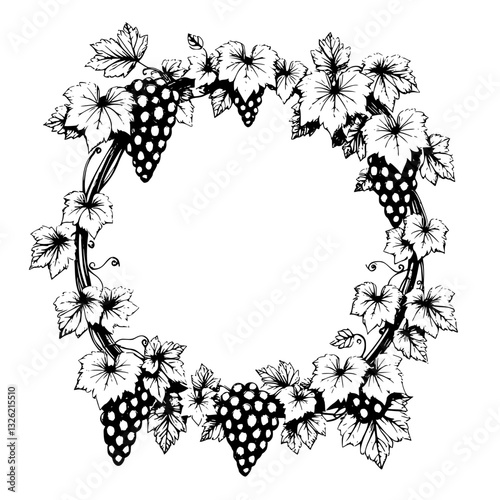 Intricately detailed black and white illustration of a grape vine wreath, showcasing lush leaves and plump, shaded grapes, encircling a blank space, perfect for design elements.