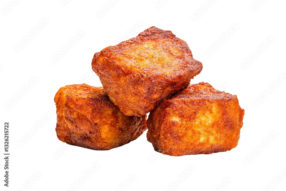 Crispy golden fried tofu cubes stacked together on a transparent background ready for a culinary dish Crispy golden fried tofu cubes stacked together on a transparent background ready for a culinary dish