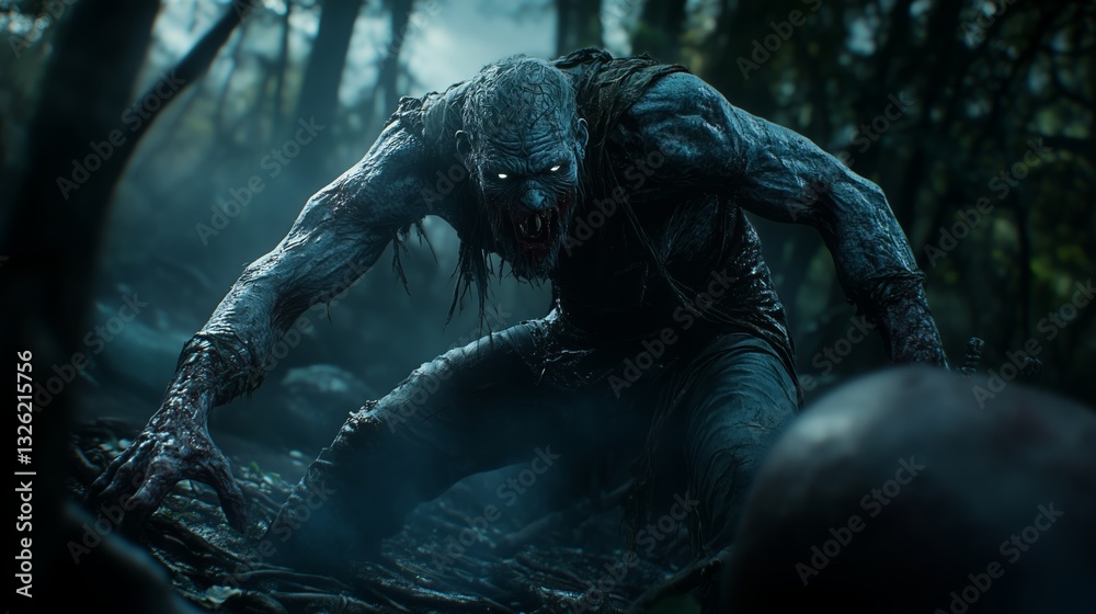 Horrible daemon ghost in dark strange forest in fog. Full of horror, fear, riddles and secrets, and does not give an answer. Horrible daemon ghost in dark strange forest in fog. Full of horror, fear, riddles and secrets, and does not give an answer.