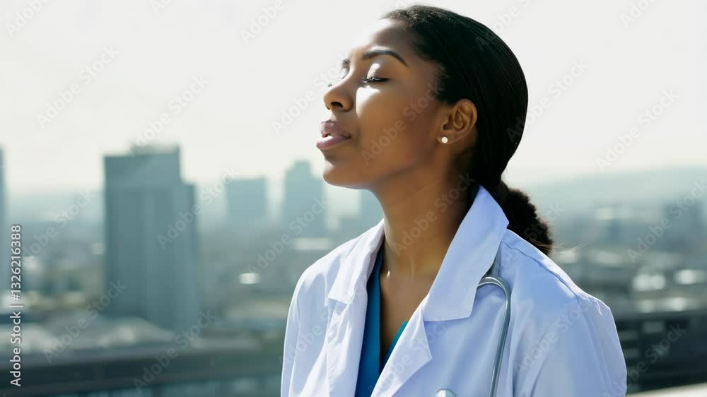A confident young doctor standing against a city skyline, symbolizing dedication and professionalism. 4k Video footage. A confident young doctor standing against a city skyline, symbolizing dedication and professionalism. 4k Video footage.