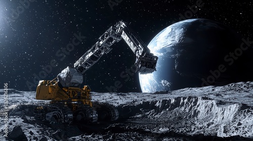 Lunar Excavation: A robotic excavator meticulously extracts resources on the moon, Earth hangs in the distance, symbolizing humanity's ambitions for space exploration and resource utilization.