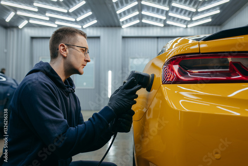 Process of polishing yellow sport car in workshop