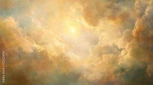 Golden Hour Cloudscape Ethereal Sunlight Through Fluffy Clouds Texture Background.