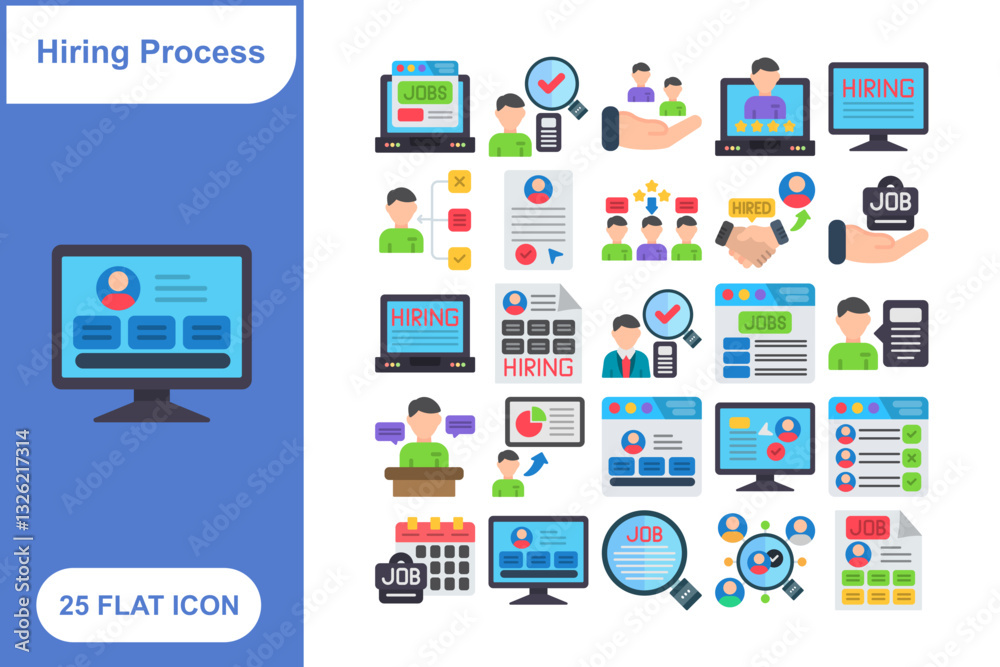 Hiring Process Flat Icon Set, Collection of 25 Hiring Process Flat Icon Set – 25 Recruitment, Interview, and HR Icons Hiring Process Flat Icon Set, Collection of 25 Hiring Process Flat Icon Set – 25 Recruitment, Interview, and HR Icons