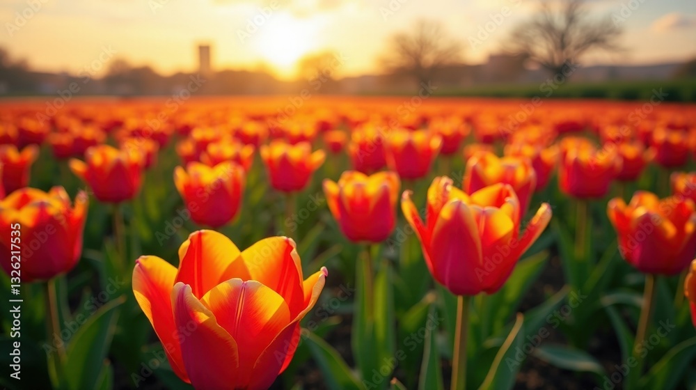 A vibrant field of tulips in full bloom, stretching endlessly toward the horizon under a warm spring sky, vivid colors creating a mesmerizing floral landscape. A vibrant field of tulips in full bloom, stretching endlessly toward the horizon under a warm spring sky, vivid colors creating a mesmerizing floral landscape.