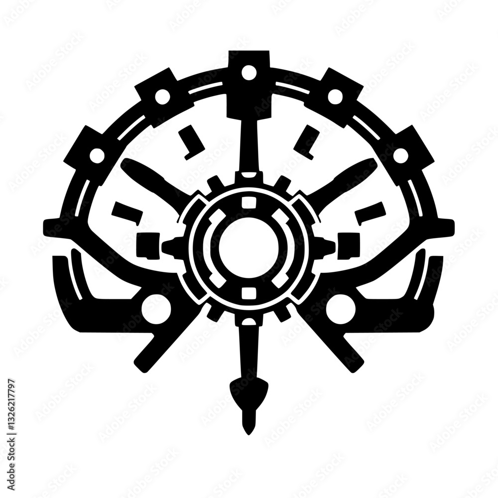 Obraz premium Abstract Mechanical Symbol: Symmetrical black and white design featuring gears, cogwheels, a central circle, and radial arm elements on a clean background.
