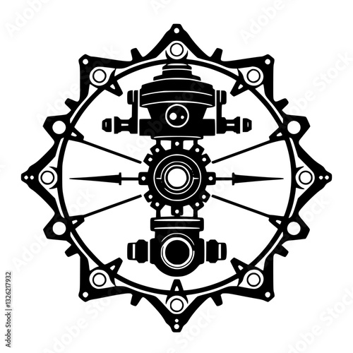 Symmetrical Black and White Steampunk Gear and Mechanical Object Design, Circular Composition, Precise Lines, Vector Illustration.