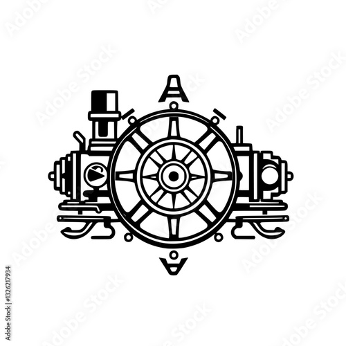 Vector-graphic depiction of a stylized, symmetrical mechanical assembly, featuring a central ship's wheel, machinery elements, and architectural details.