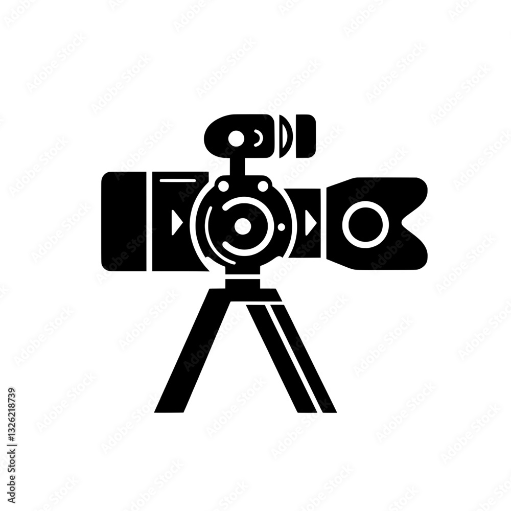 Obraz premium High-resolution video camera icon on a tripod, representing professional cinematography, video production, media broadcasting, and digital content creation.