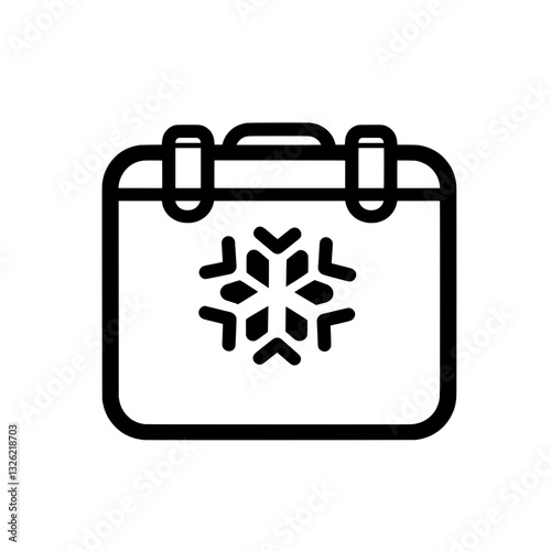 Minimalist cold storage suitcase icon with a snowflake, symbolizing portable refrigeration, travel coolers, and temperature-controlled transportation for perishable items.