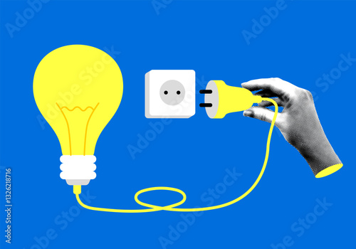 Halftone hand inserts a light bulb plug into a socket. Modern collage. Concept of idea, project development, startup