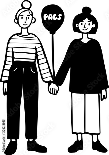 Illustration d'un couple homosexuel femme se tenant par la main tenant un ballon pour célébrer leur Pacs dessiné à la main