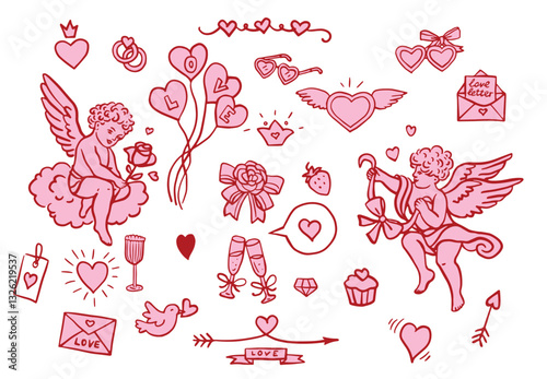 Red and pink color Valentine's day cute cupid design hand drawn element set