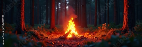 Orange campfire light illuminating forest trees, setting, radiant, shadows
