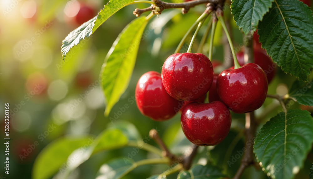 Obraz premium Fresh ripe cherries on branch with green leaves for natural food blogs and healthy lifestyle websites