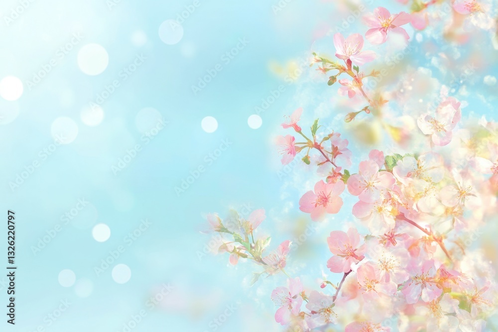 Fototapeta premium Dreamy Spring Soft Pink Cherry Blossom Branch with Bokeh Lights on a Light Blue Background.