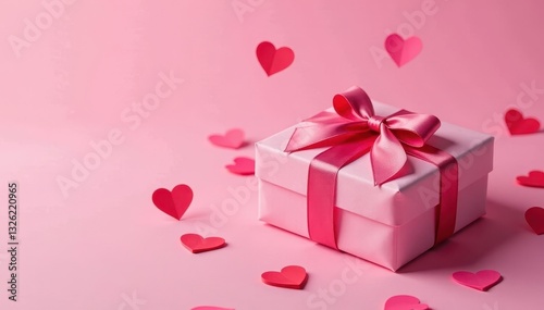 Pink backdrop, scattered hearts, gift wrapped with satin bow, sweet, occasion, background