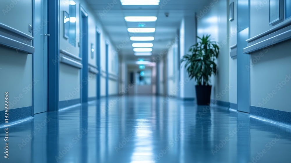 Obraz premium Sleek blue floors reflect soft lights in a calm corridor of a hospital reception clinic. Potted plants enhance the tranquil atmosphere, creating a welcoming space for patients and families