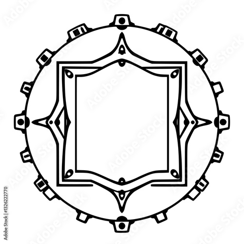 Intricate geometric black and white circular design, featuring nested shapes, sharp lines, and a central empty frame.