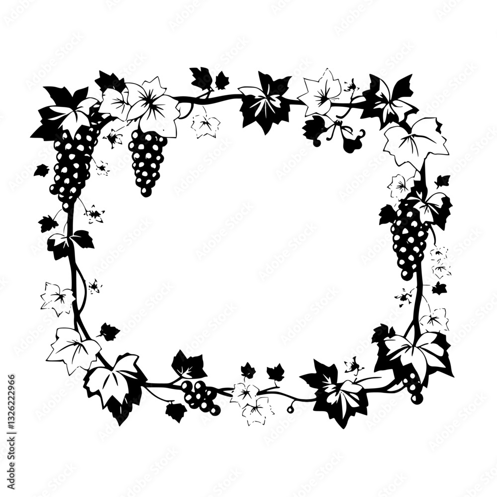 Naklejka premium Elegant Black and White Grapevine Frame with Bunches, Leaves, and Floral Elements, Perfect for Decoration.
