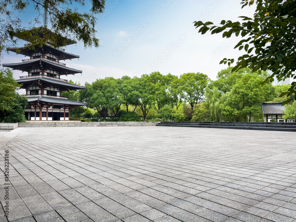 Fototapeta premium Tranquil Pavilion Amidst Lush Greenery in Modern Landscape