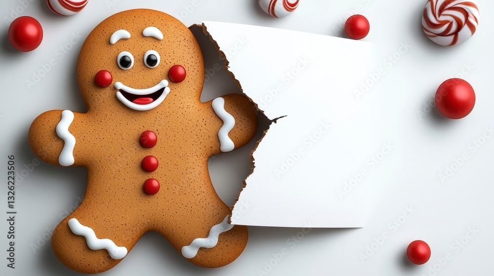 Obraz premium Gingerbread man figurine breaking through a white torn paper sheet with a playful and cheerful expression