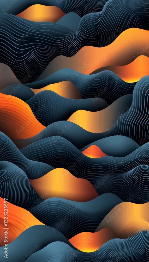 Fototapeta premium Abstract Flowing Lines, Blue and Orange Waves on a Dark Background, Modern Digital Art