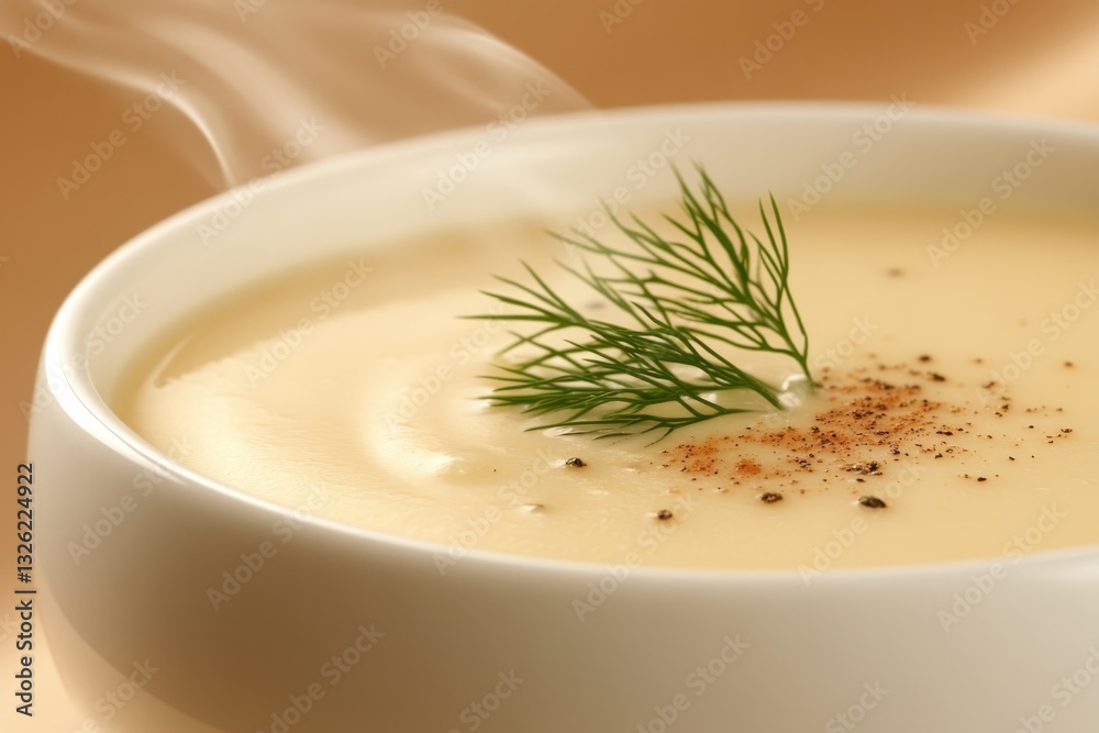Steaming Bowl of Creamy Pea Soup Garnished With Fresh Herbs in a Cozy Kitchen Setting