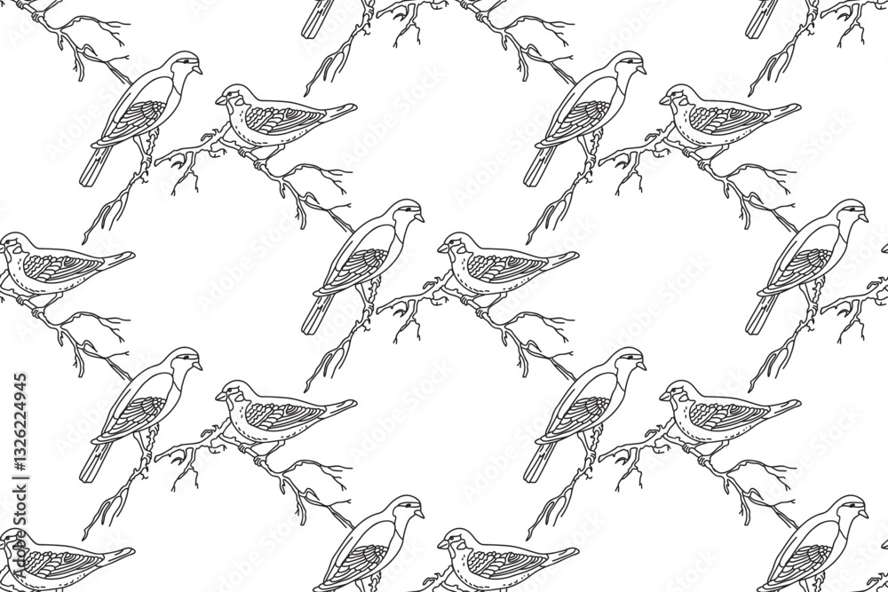 Line art seamless pattern with garden birds vector illustration. Hand drawn outline repeating sparrow birds pattern on white background. Graphic design for Cover Coloring Page Textile Fashion Print Line art seamless pattern with garden birds vector illustration. Hand drawn outline repeating sparrow birds pattern on white background. Graphic design for Cover Coloring Page Textile Fashion Print
