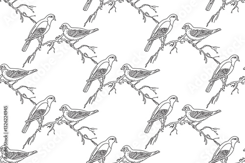 Line art seamless pattern with garden birds vector illustration. Hand drawn outline repeating sparrow birds pattern on white background. Graphic design for Cover Coloring Page Textile Fashion Print