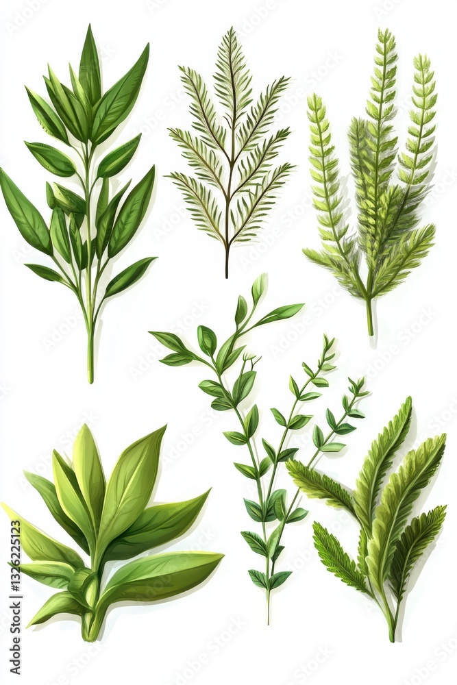 Obraz premium Illustration showcasing different parts of Nephrolepis exaltata, revealing the diverse leaf structures