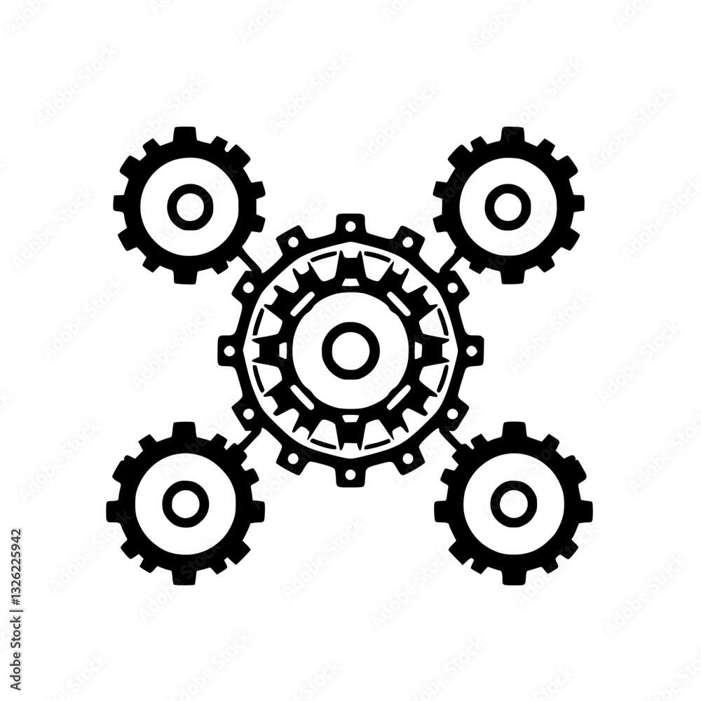 A symmetrical black and white illustration featuring a central, intricate gear mechanism with surrounding gears in a coordinated arrangement, suggesting interconnectedness. A symmetrical black and white illustration featuring a central, intricate gear mechanism with surrounding gears in a coordinated arrangement, suggesting interconnectedness.