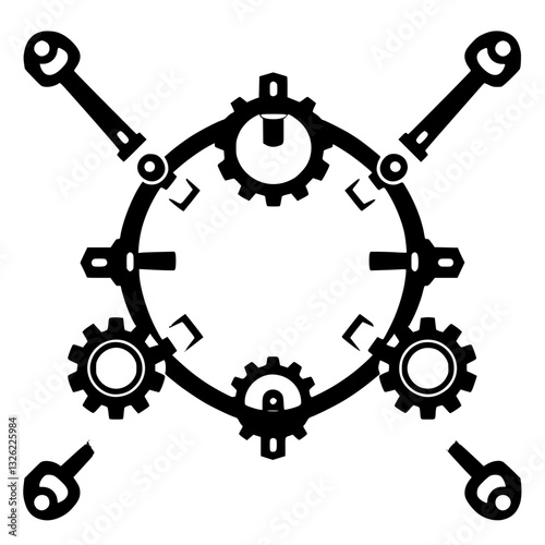 Intricate symmetrical black and white mechanical illustration featuring gears, cogs, levers, and a circular framework, symbolizing interconnected systems.