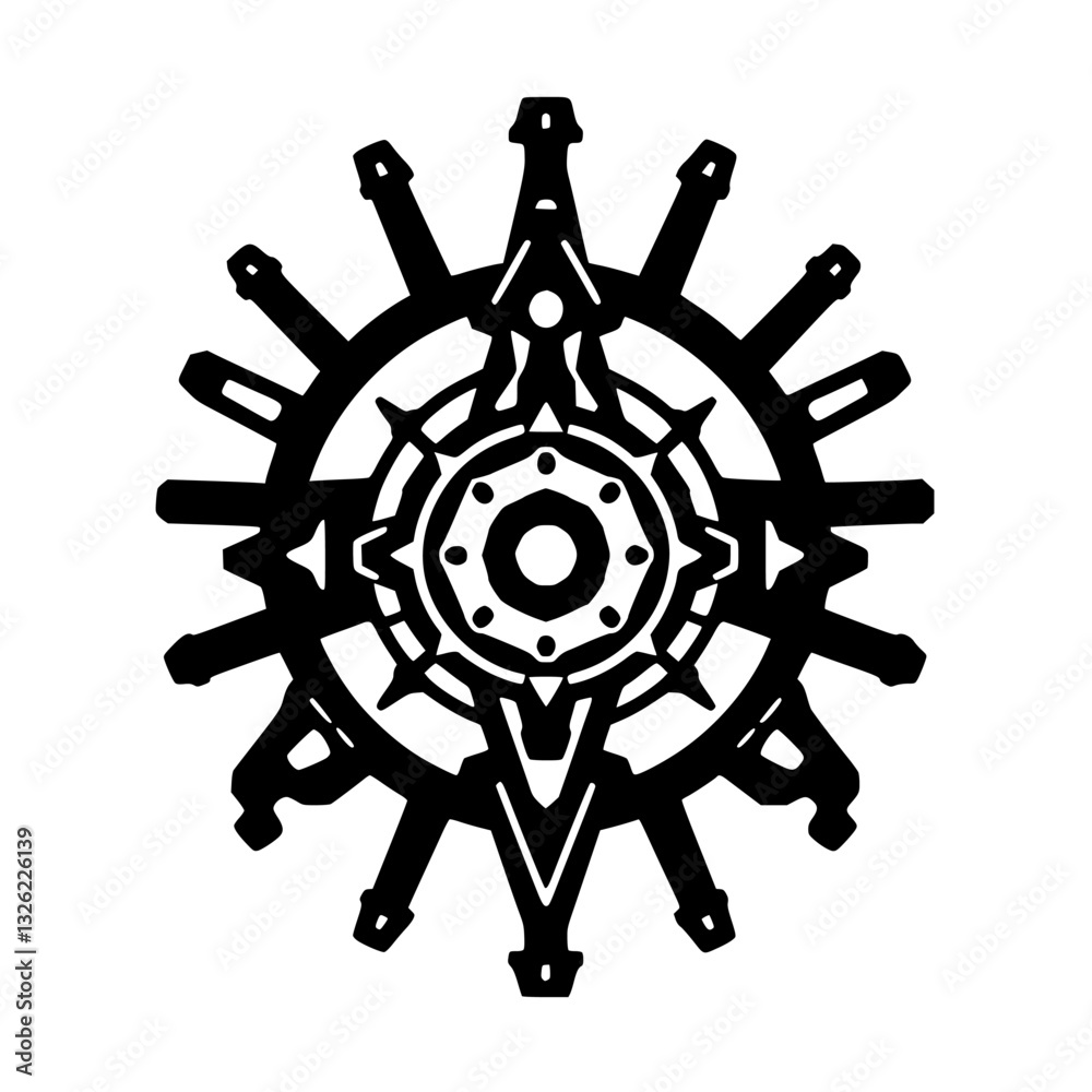 Obraz premium Intricate Black and White Circular Geometric Design Featuring Radial Symmetry and a Central Detailed Core Element on White Background.