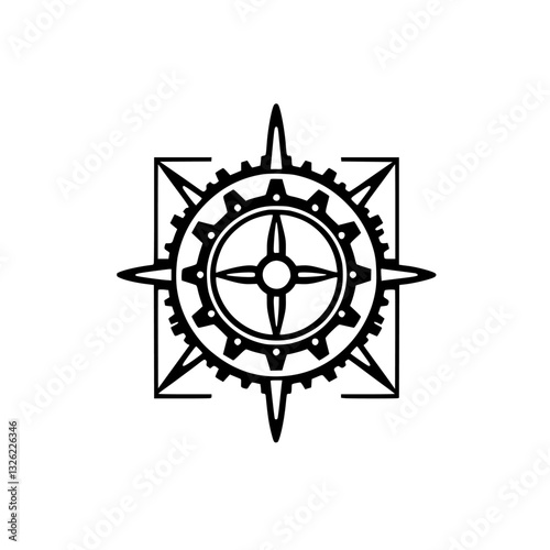Black and White Gear Compass Logo: A symmetric design featuring a cogwheel within a square with compass points, perfect for tech or mechanical branding.
