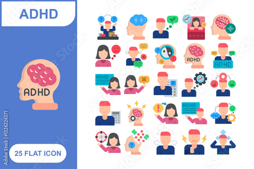 ADHD Flat Icon Set, Collection of 25 ADHD Flat Icon Set – 25 Mental Health, Focus, and Attention Icons