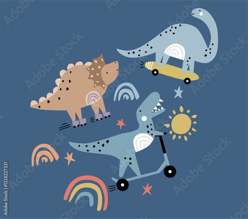3 dino play with skateboard hand drawn illustration