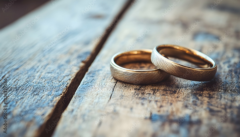 Two wedding rings on a rustic wooden table Two wedding rings on a rustic wooden table