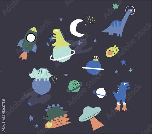 space dino exploring hand drawn illustration