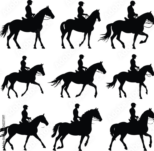 Silhouette of nine equestrian riders showcasing different horse riding styles against a white background, horse rider silhouette 