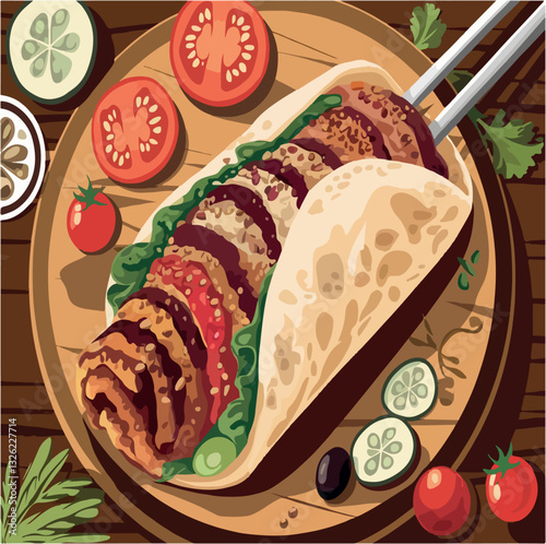 meat, meal, food, dinner, vector, vegetable, snack, tortilla, delicious, shawarma, drawing, mexican, lunch, mexico, menu, sandwich, fastfood, kebab, cuisine, restaurant, cooking, eat, design, chicken,