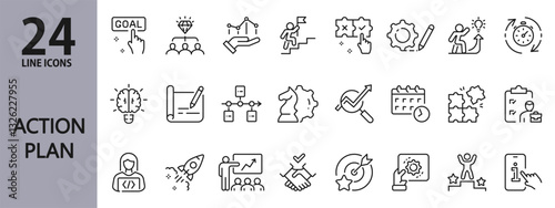 Action Plan line icons set with Strategy, Growth, Business, Goal, Meeting, Success, Teamwork, Management, Career, Planning and more. Editable Stroke