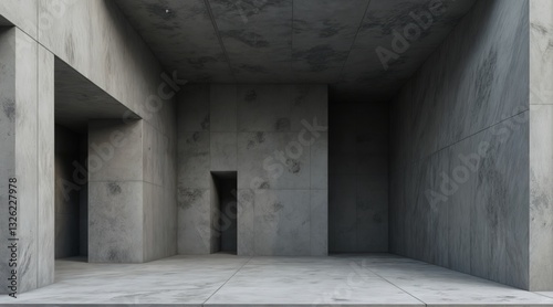 Sharp angular concrete walls with rough texture and polygon shapes, industrial minimalist interior, low geometric ceiling, deep shadows, muted light, modern grayscale high contrast wide architectural 
